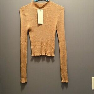 Love Tree Top Womens Size M Gold Shimmer Ribbed Mock Neck Dainty Coquette